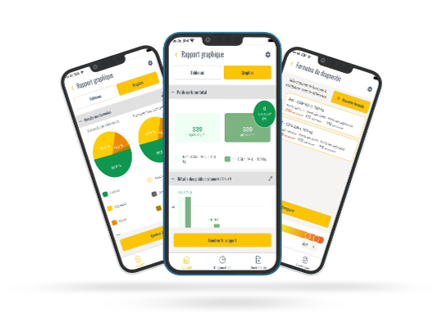Aperçu de l'application mobile de calcul d'empreinte carbone développée pour Saint-Gobain : rapport graphique, poids carbone et formulaire de diagnostic