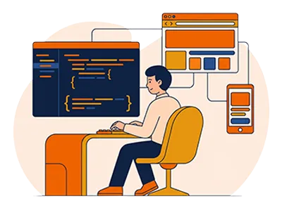 Illustration : développeur au poste de travail devant du code, un site web et une application mobile