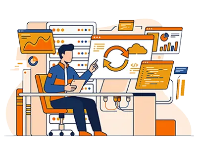 Illustration : ingénieur supervisant des serveurs et un cycle de mise à jour dans le cloud