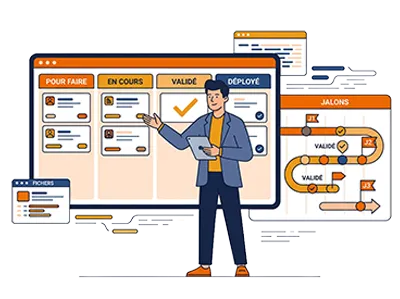 Illustration : chef de projet présentant un tableau Kanban et des jalons